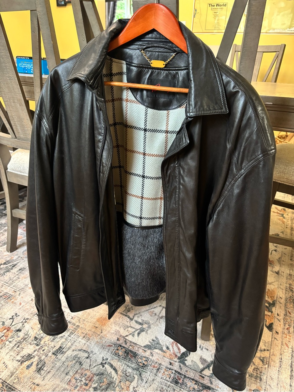 Brioni Black Leather Shirt Jacket with Checkered Interior, Viscose Lining